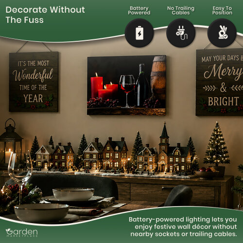Barrel, Wine and Candles Christmas Canvas Print with LED Lights, 3 Flickering Candle Effects, 40 x 30 cm