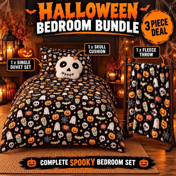Smart Living 3 Piece Halloween Bedding WOW DEAL - Single Duvet Set + Fleece Throw + Skull Cushion