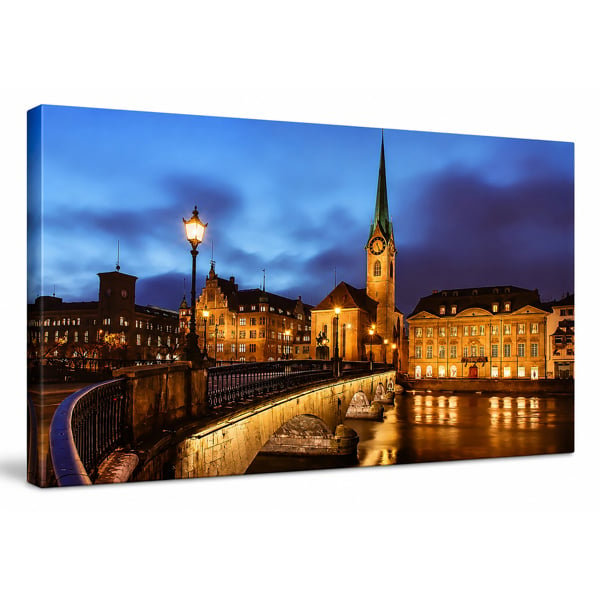 Fraumünster Church Print LED Canvas, Zurich Scene with 8 LED Lights, 60 x 40 cm, Stretched Wooden Frame