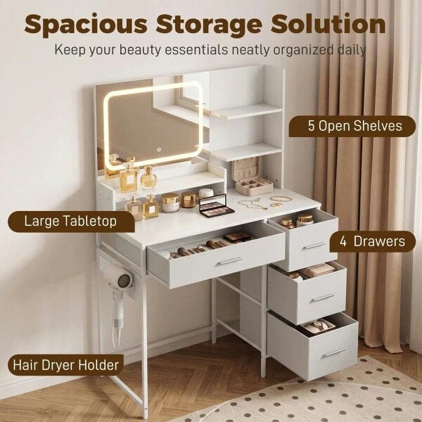 Dressing Table with 3-Colour LED Mirror, Power Outlet, Vanity Desk with 4 Drawers, 5 Shelves, Hair Dryer Holder
