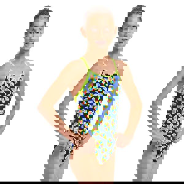 Blue and yellow one-piece swimsuit with colorful geometric patterns.