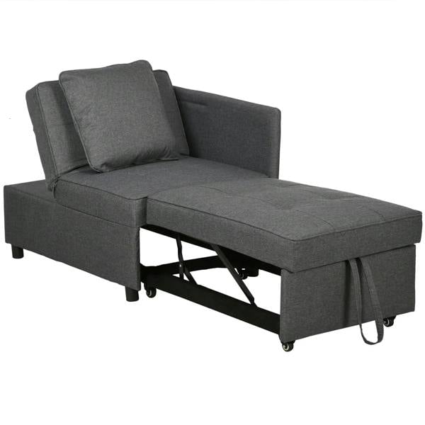 Grey convertible sofa bed with thick padded seat and two back cushions