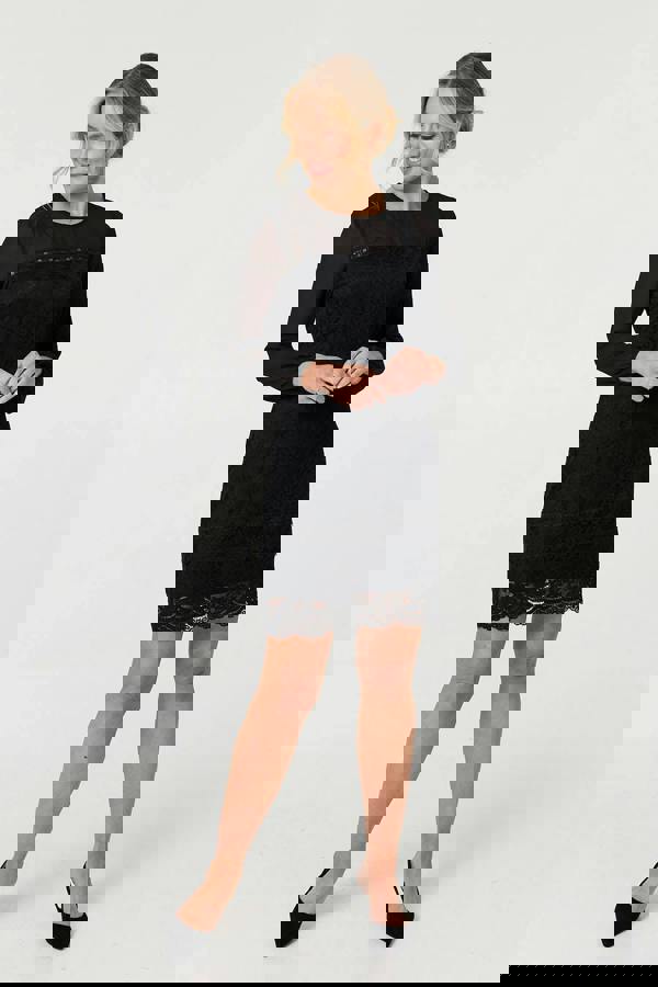 Black | Semi Sheer Lace Trim Short Dress