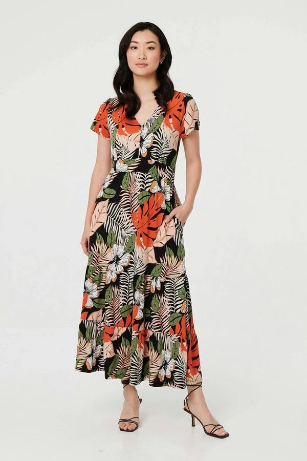Black | Leaf Print Tiered Cap Sleeve Maxi Dress