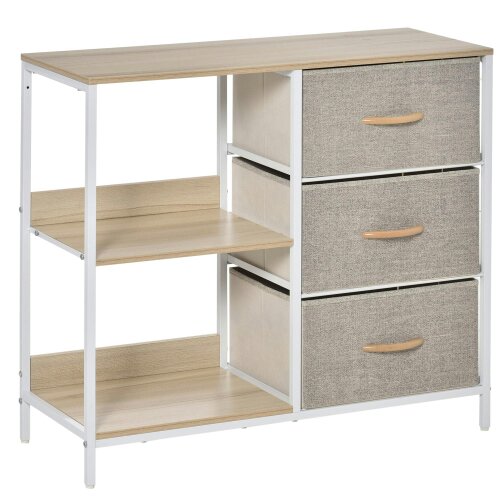 Wyld Haus Pasaha White Metal and Natural Wood Storage Chest With 3  Grey Fabric Drawers and 2 Shelvess