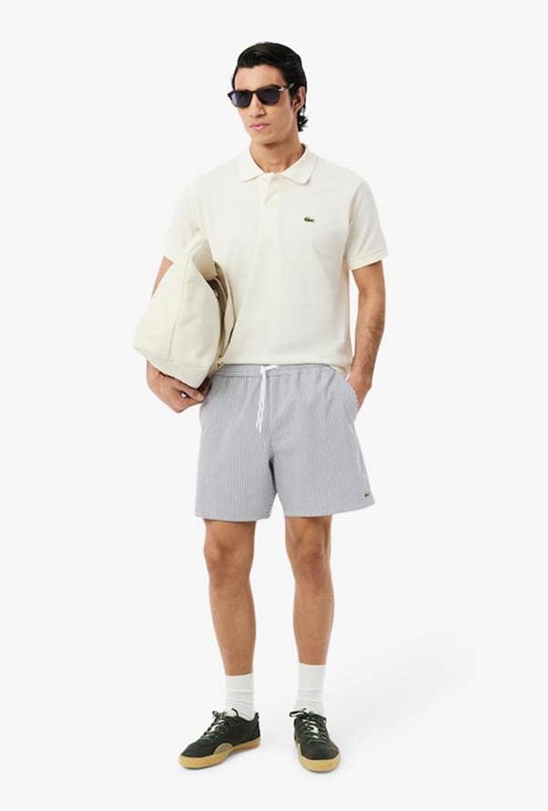 Lacoste Mid Length Striped Textured Swim Trunks