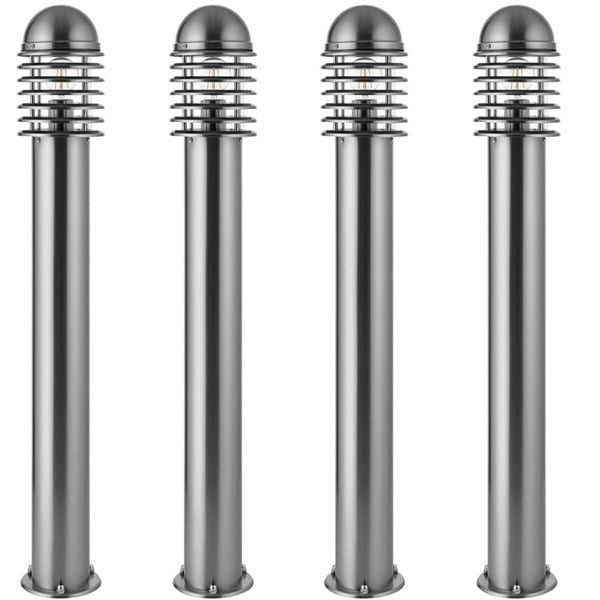4 PACK 1m Outdoor Post Bollard Light Polished Steel Vandal Proof Pathway Lamp Loops