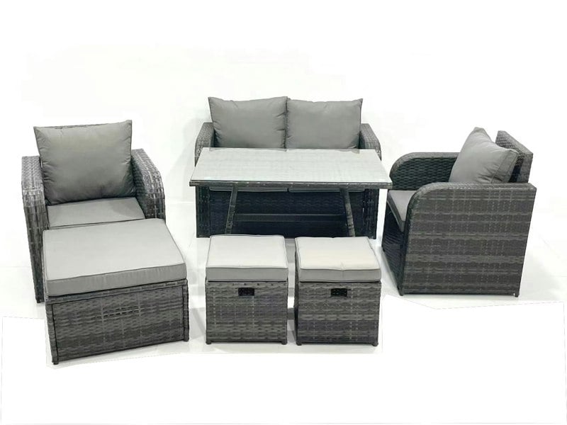 Fimous Outdoor Garden Furniture Set Rattan Sofa Dining Table Set with Reclining Chair 3 Footstool Dark Grey Mixed