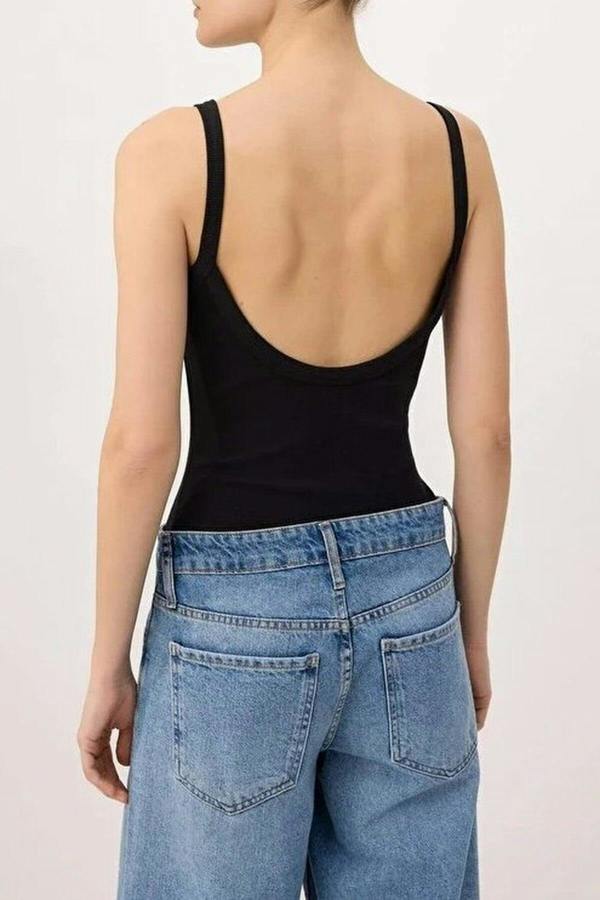 WOVCOR Fitted Pool Neck Thin Strap Long Ribbed Stretch Knit Bodysuit