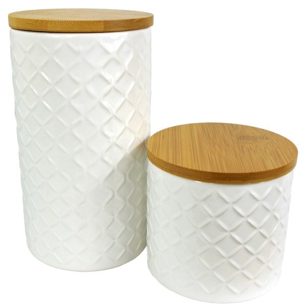 Leaf Set of Two Ceramic Jars Embossed Cream Canisters with Lids