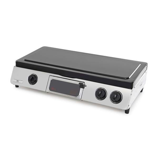 Hot plate with black top lid and stainless steel base on a white background