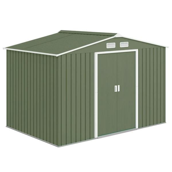 Light green metal garden shed with double doors and two roof ventilation vents