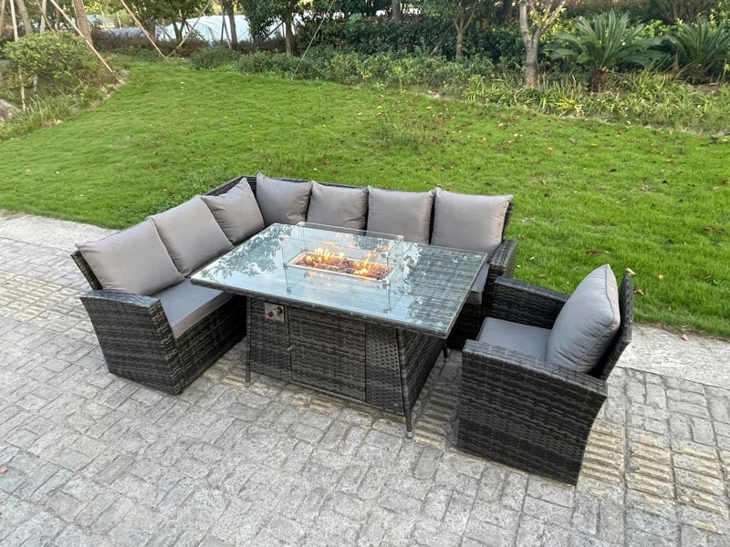 Fimous Outdoor Rattan Corner Sofa Garden Furniture High Back Sofa Set Gas Fire Pit Dining Table Gas Heater Burner Arm Chair 7 Seater