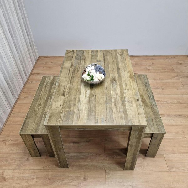 Kosy Koala Modern Rustic Effect Wood Dining Table With 2 Rustic Benches Dining Room Furniture