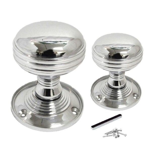 EDH Door Hardware Polished Chrome Reeded Door Knobs + Latch Set Sprung Handles 1 Pair