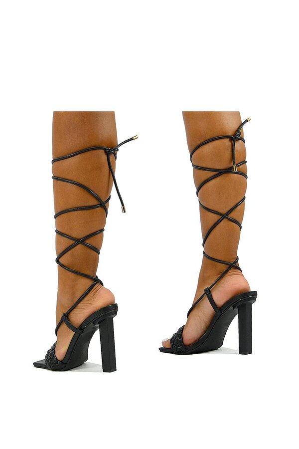 XY LONDON Woven Strap Lace Up Strappy Block Square Toe Heels