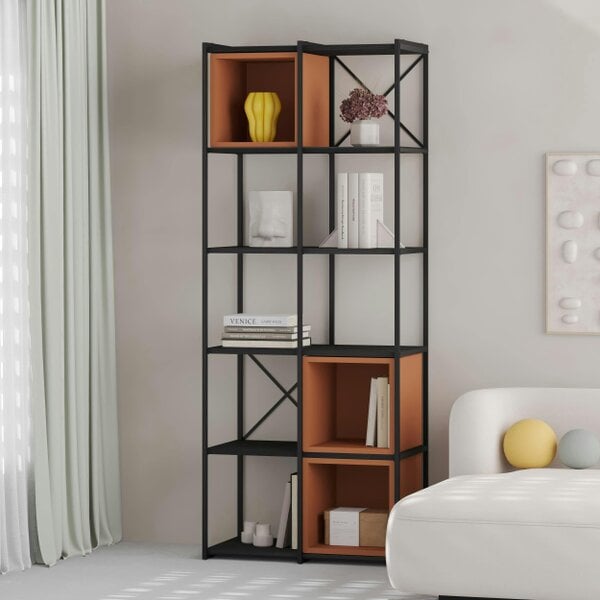 Decortie Modern Vale Midi Bookcase Display Unit 5-Tier Metal Frame 3 Adjustable Shelf 18mm Engineered Wood (Black Wood