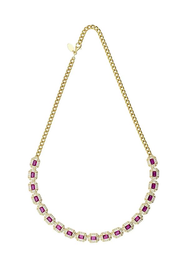 Gold and diamond halo ruby necklace.