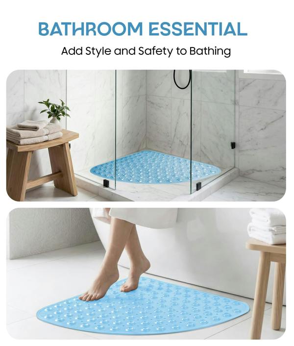 ADOV Corner Shower Mat, 54 x 54cm Curved Non Slip Bath Mat with Suction Cups and Drainage Holes