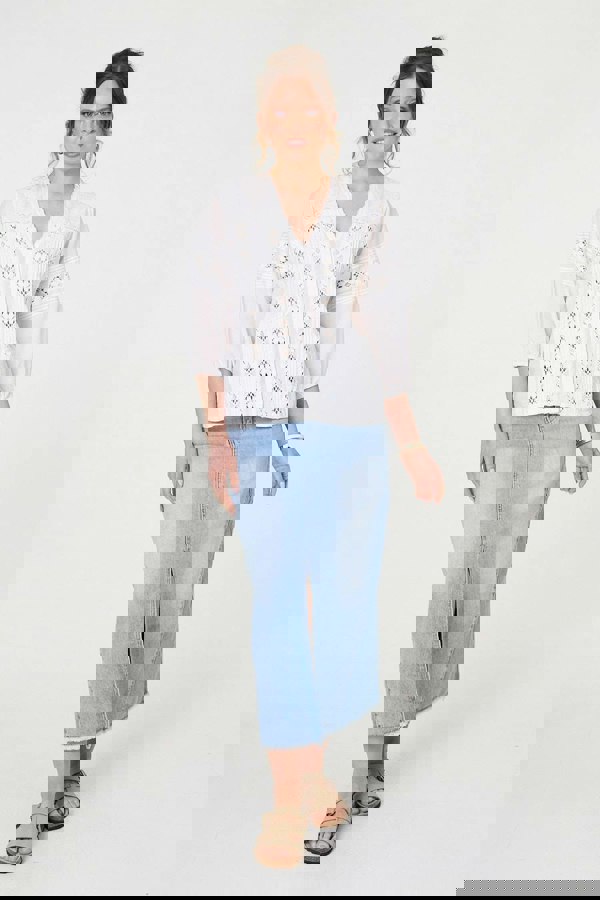 White | Lace Trim 3/4 Sleeve V-Neck Blouse : Model is 5'9"/175 cm and wears UK8/EU36/US4/AUS8