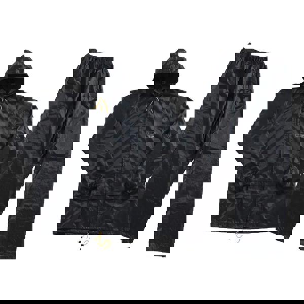 JCB Mens Two-Piece Rain Set Rainsuit Trousers and Jacket, black waterproof raincoat with hood and matching trousers designed for men.