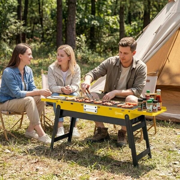 Bobobiy Portable BBQ Grill, Foldable Charcoal Grill for Camping and Picnics with 2 Side Shelves and Handle, Yellow