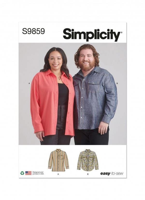 Simplicity Sewing Pattern 9859, Shirts for Men, Women, AA (S-M-L) - Easy