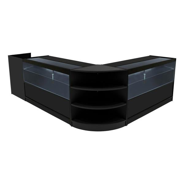 Black Eclipse LED shop counter set featuring sleek glass displays, curved design, and ample shelving for retail organization