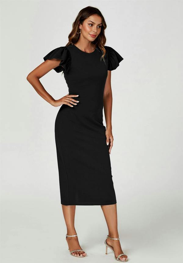 FS Collection Volume Sleeve Bodycon Midi Dress In Black