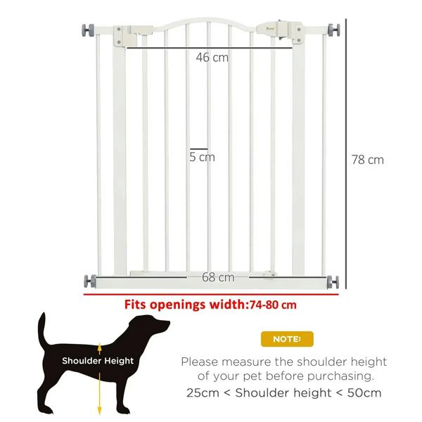 White adjustable pet gate frame with mounting points; fits 74–80 cm openings