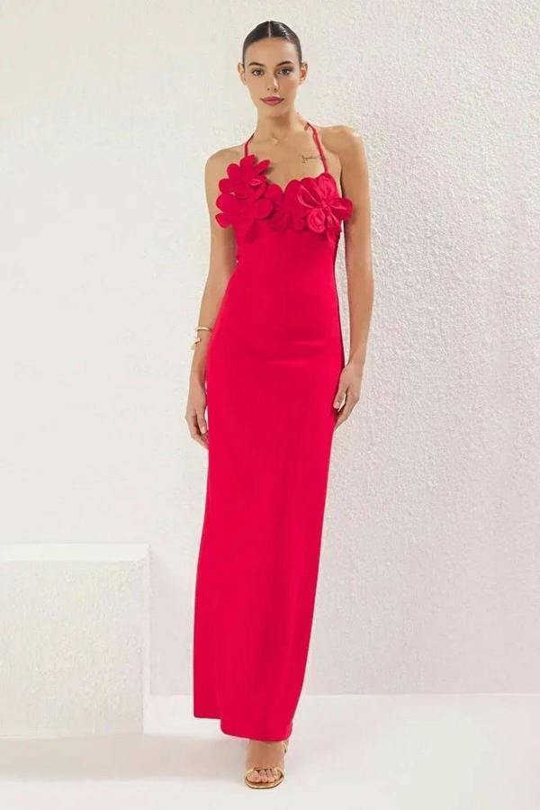 WOVCOR Long Woven Dress with Rose Details