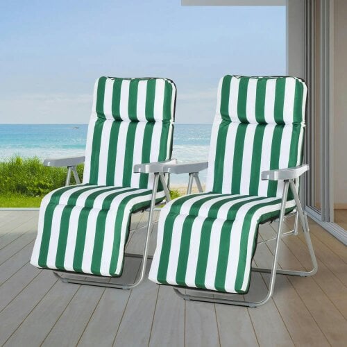 Bobobiy 2 Pieces Outdoor Sun Lounger Set with Cushions, 5-Level Adjustable Backrest, Green & White