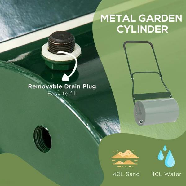 Green metal lawn roller cylinder with removable drain plug for filling
