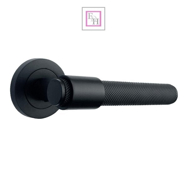 EDH Door Hardware Knurled Door Handles Matt Black Loop & Neck Lever on Round Rose Latch