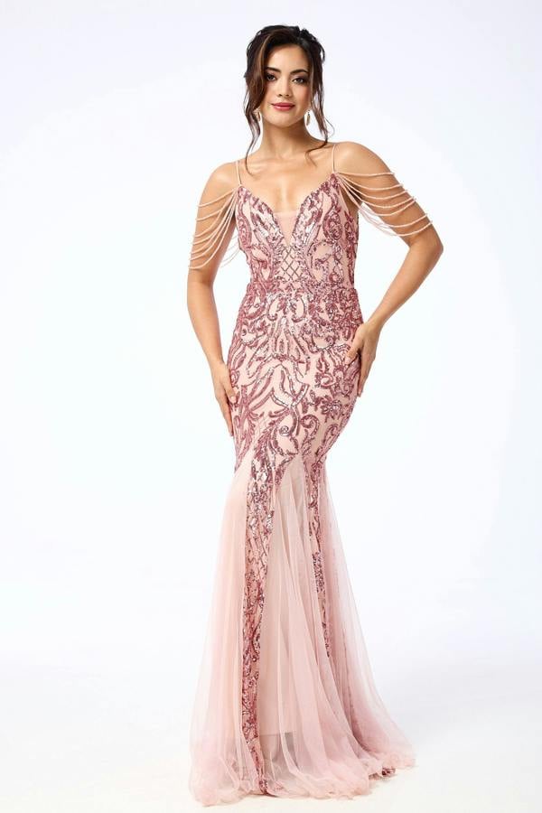 LuvForever Enora - Pink Jewelled Shoulder Sequin Maxi Dress