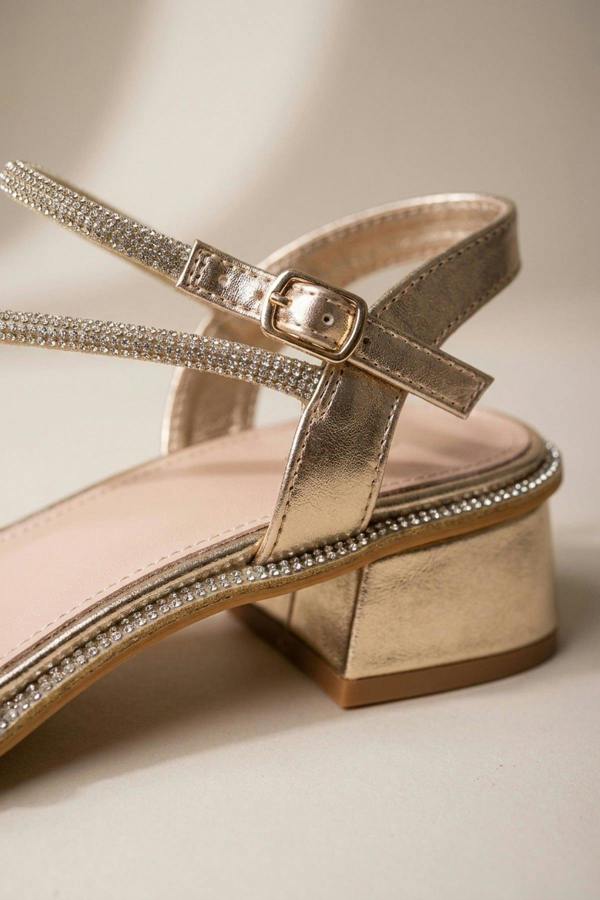 Pearl Rhinestone Embellished Strappy Low Sandals - Gold