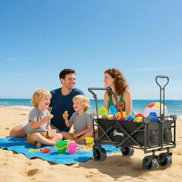 Black folding trolley cart with canopy, 4 wheels, and storage bins for beach gear