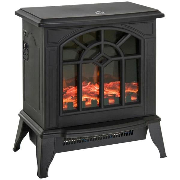 Black freestanding electric fireplace stove with LED flame effect behind arched glass front.