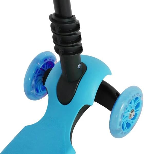 Blue kids scooter front wheel and steering column with black suspension stem