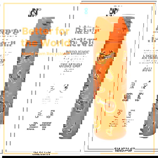 An orange water bottle, featuring musical instrument graphics, sits against a white background; it is made from a plant-based polymer. Better for the World; Made from Recyclon™. A food grade carbon neutral plant based polymer. Carbon Neutral. BPA Free. Odour Resistant. Dishwasher Safe. SLIM RECYCLON™.
