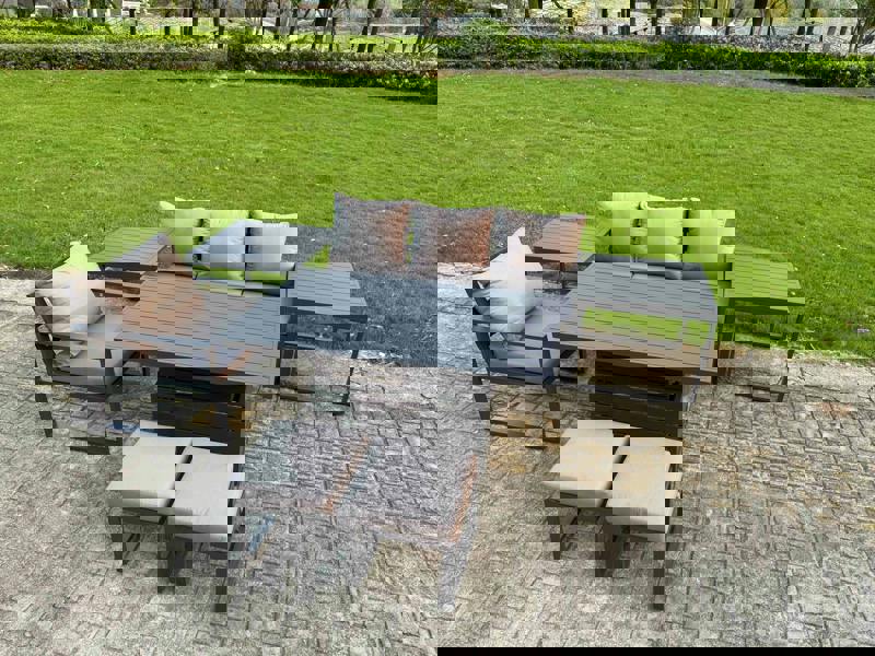 Fimous 6 Seater Aluminium Outdoor Furniture Set with Adjustable Rising Dining Table Chairs with 2 Footstools 2 Side Tables - Dark Grey