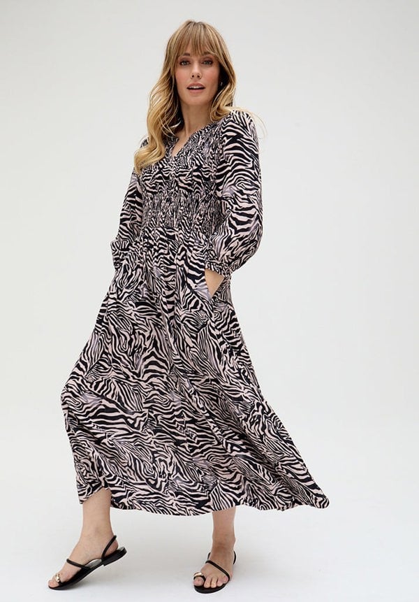 Paulina Shirred Bodice Zebra Print Maxi Dress In Black - image 4
