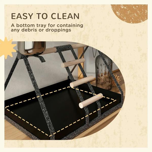 Black removable bottom tray for bird stand, with wood steps and stainless bowls
