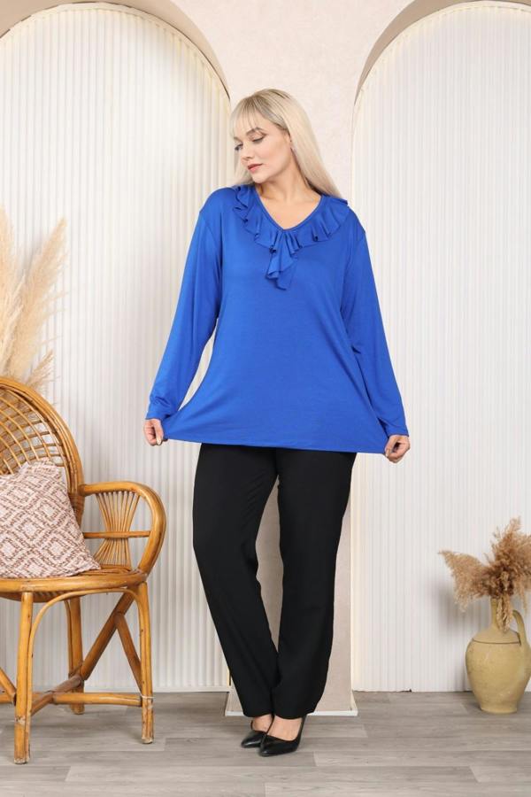 Hoxton Gal Relaxed Fit Long Sleeve Elegant Blouse with Ruffle Neckline