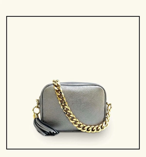 Apatchy London The Tassel Pewter Leather Crossbody Bag With Gold Chain Strap