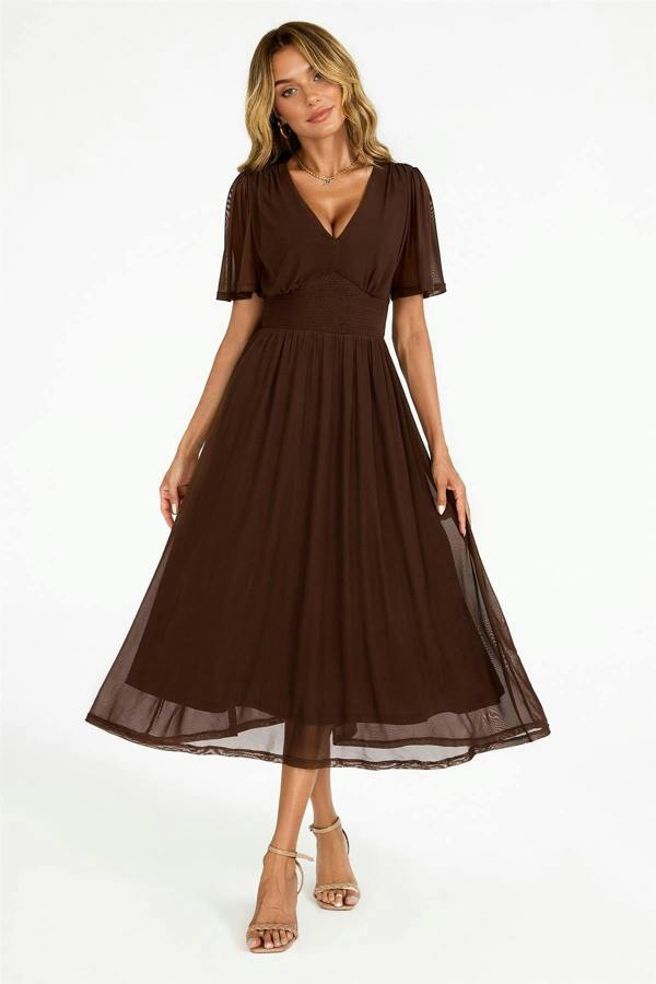 FS Collection Flutter Sleeve Mesh Midi Dress In Brown