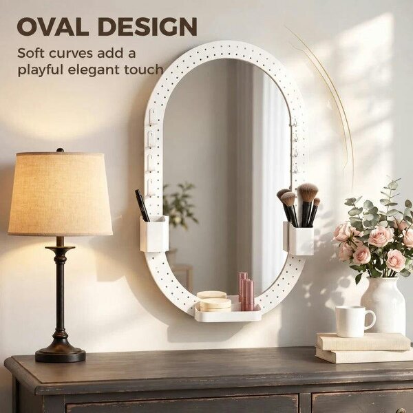 Oval Wall Mirror, 60 x 90 cm Decorative Hanging Mirror with Pegboard Frame, Wall-Mounted, White