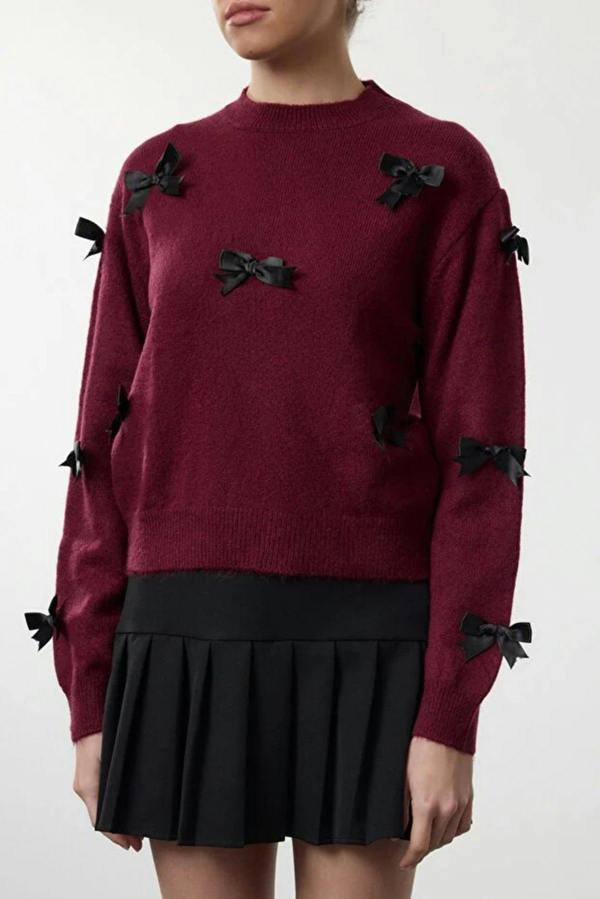 WOVCOR Soft Textured Knit Sweater with Bow Detail