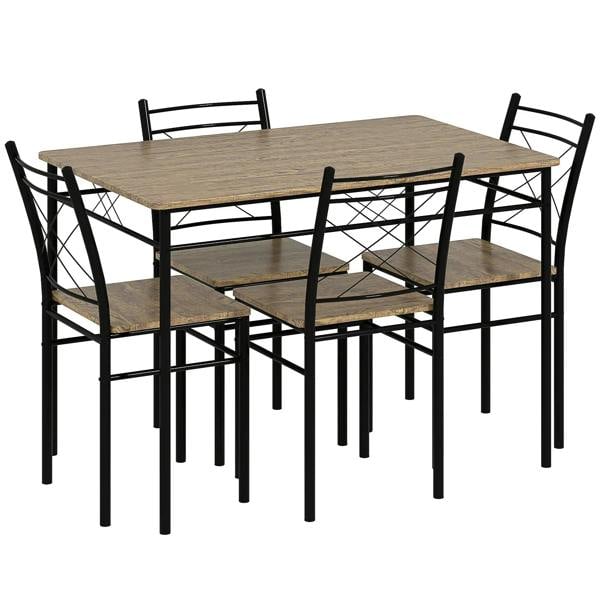 Rectangular dining table with oak-effect top, black metal chairs and bench.