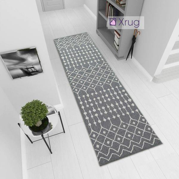 Grey Cotton Rug Diamond Berber Pattern Extra Large Small Flatweave Carpet Modern Woven Patterned Mat - 75x300cm (2'5"x9'8")